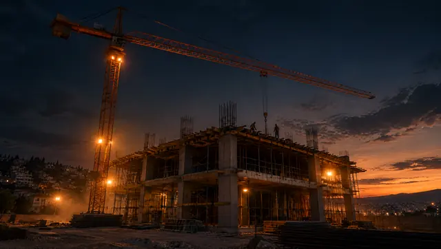 Γερανός πάνω από σκελετό κατοικίας στο σούρουπο — οπτικοποίηση
